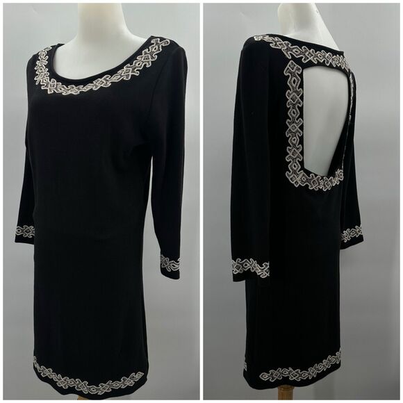 Free People Stretch Knit Backless Sheath Dress Embroidered Black Large Fitted - Picture 1 of 12